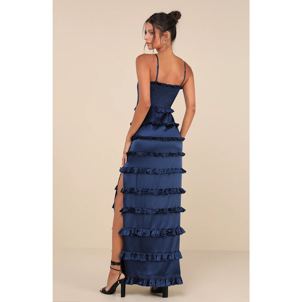 NWT Lulus Blue Satin Tiered Ruffle Smocked Maxi Dress Sz L Romantic Party Prom - Picture 8 of 14